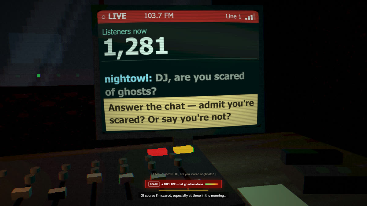 A listener asks a question in the chat, the producer's card suggests answers, and the DJ holds SPACE to speak