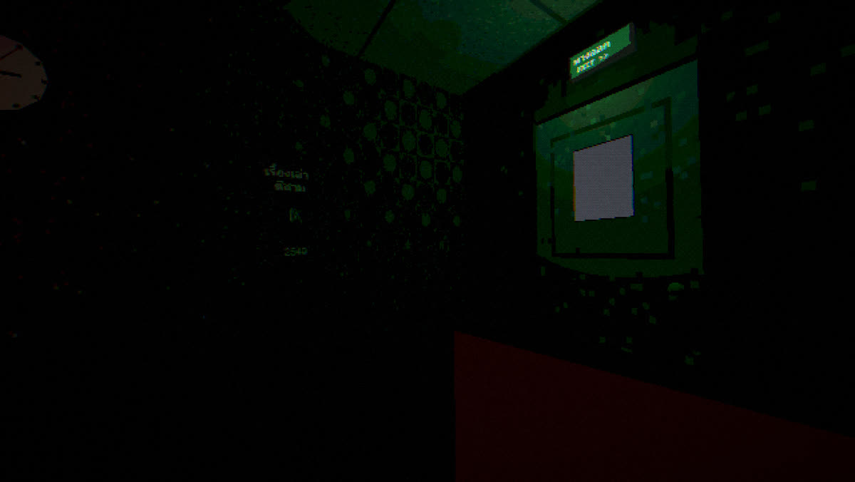 Turned round in the chair: the old show poster on the wall and the studio door in the dark